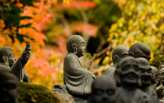 Buddha statues garden flowers trees free wallpaper for desktop - medium preview image
