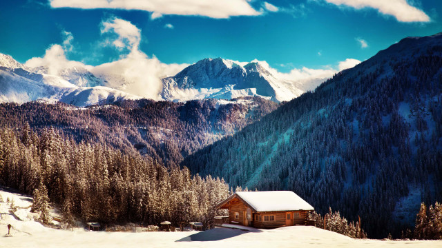 Cabin snowy mountain range blue free wallpaper for desktop - medium preview image