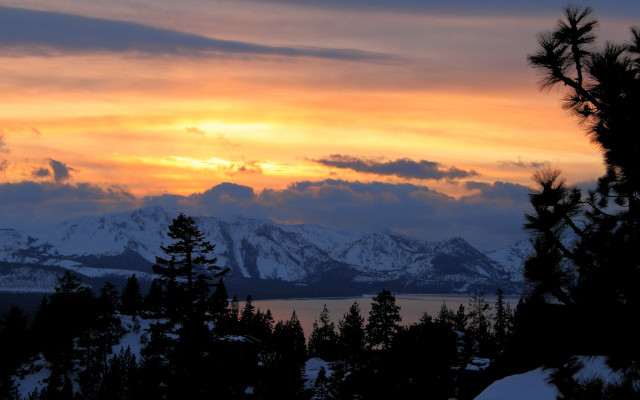 Sunset mountain range trees snow free wallpaper for desktop - medium preview image