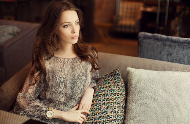 Woman couch pillow sitting relaxing free wallpaper for desktop - medium preview image