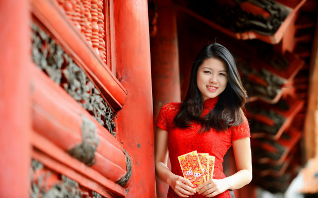 Red dress woman card smiling free wallpaper for desktop - medium preview image