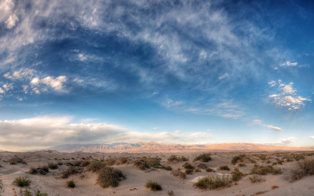 Desert bushes mountains sky ocean free wallpaper for desktop - medium preview image