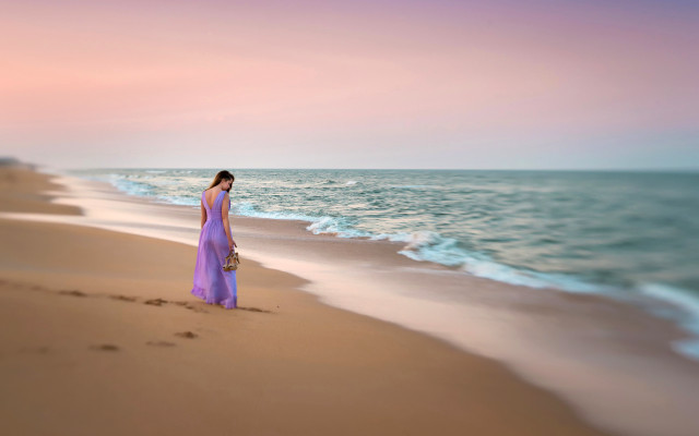 Purple dress beach sunset ocean free wallpaper for desktop - medium preview image