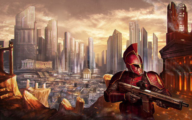 Red suit man cityscape futurism free wallpaper for desktop - medium preview image