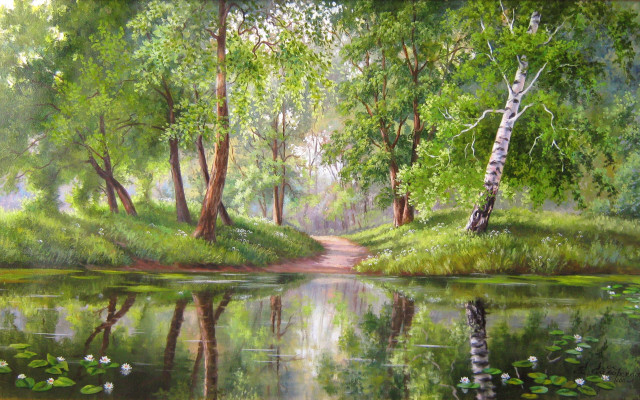 Forest pond path american oil free wallpaper for desktop - medium preview image