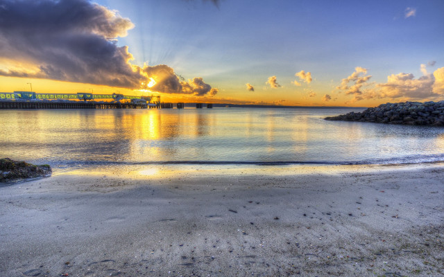Sunset water train bridge clouds free wallpaper for desktop - medium preview image