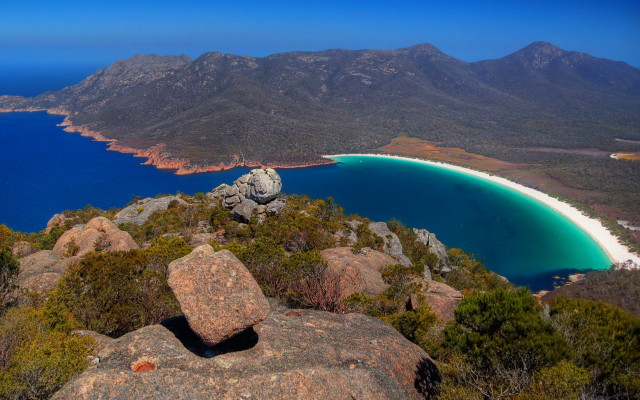 Mountain beach water rocks bushes free wallpaper for desktop - medium preview image