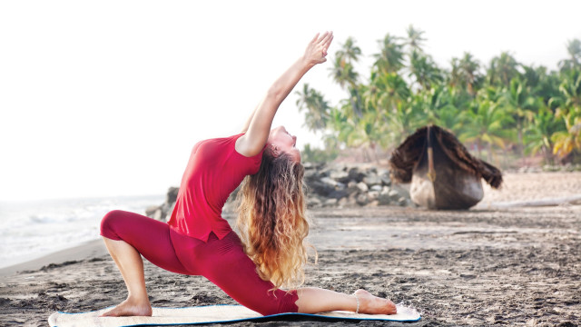 Woman yoga beach palm red free wallpaper for desktop - medium preview image