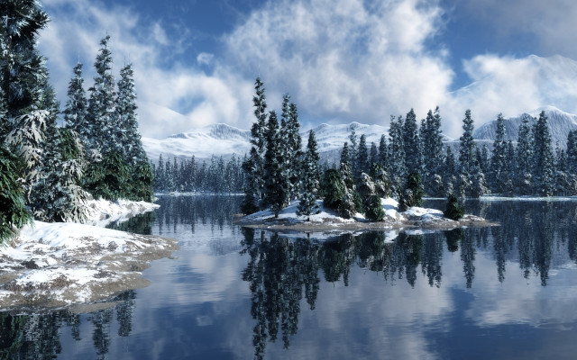 Snowy lake mountains forest clouds free wallpaper for desktop - medium preview image