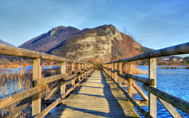 Wooden bridge mountains river sky free wallpaper for desktop - medium preview image