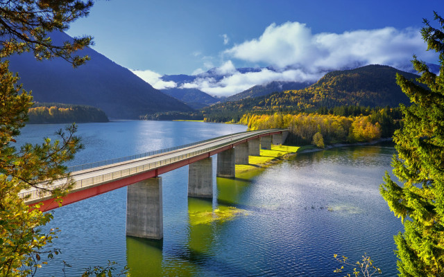 Bridge water mountains clouds autumn free wallpaper for desktop - medium preview image