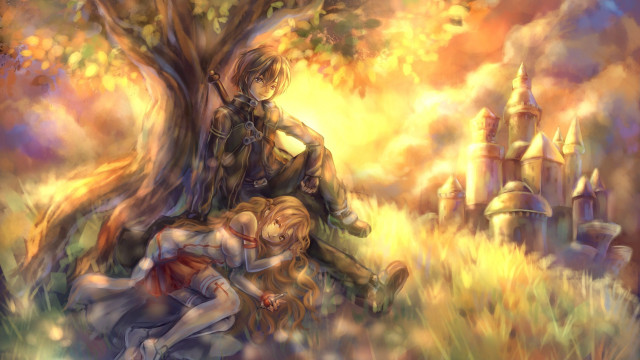 Forest castle couple hugging autumn free wallpaper for desktop - medium preview image