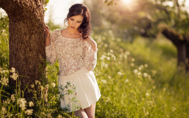 Woman leaning tree field flower free wallpaper for desktop - medium preview image