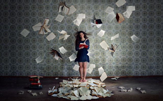 Woman books flying surreal shoot free wallpaper for desktop - medium preview image