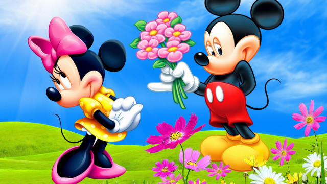 Mickey minnie flower field romantic free wallpaper for desktop - medium preview image