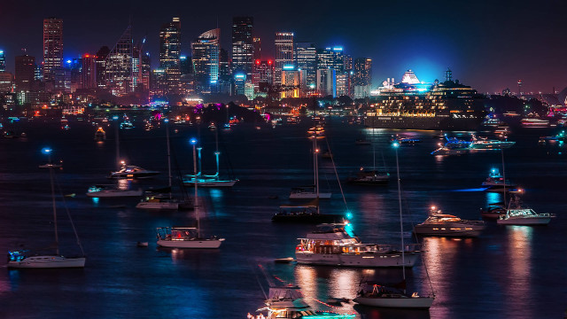 City skyline night neon lights free wallpaper for desktop - medium preview image