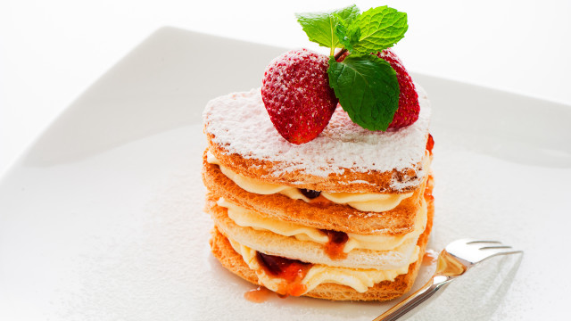 Pancakes strawberries plate fork rococo free wallpaper for desktop - medium preview image