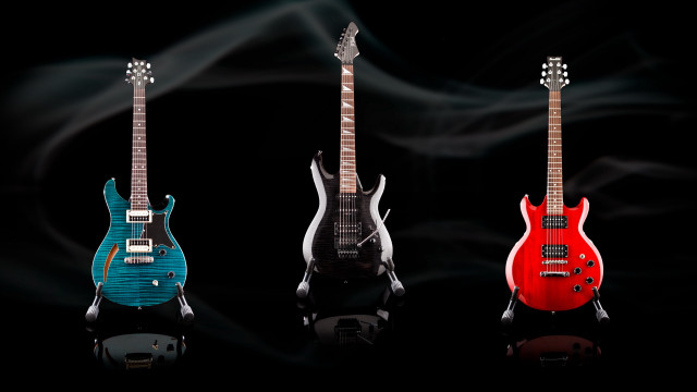 Three guitars red blue black free wallpaper for desktop - medium preview image