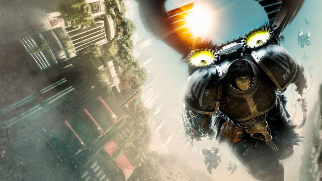 Futuristic suit glowing eyes cityscape free wallpaper for desktop - medium preview image