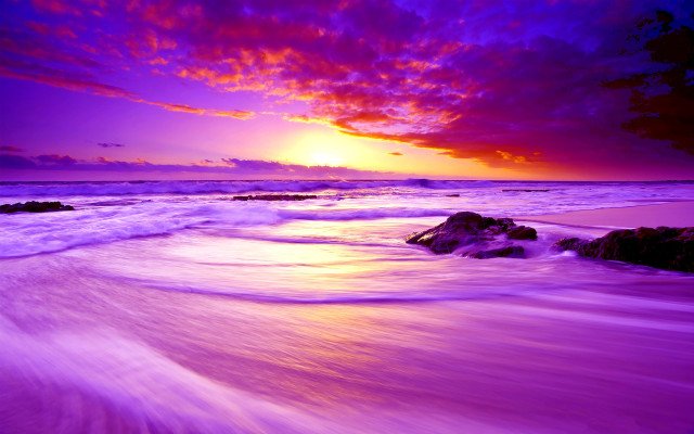 Purple beach sunset waves rocks free wallpaper for desktop - medium preview image