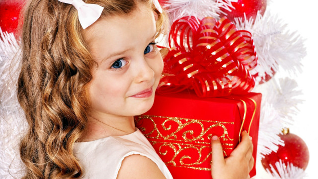 Little girl red present christmas free wallpaper for desktop - medium preview image