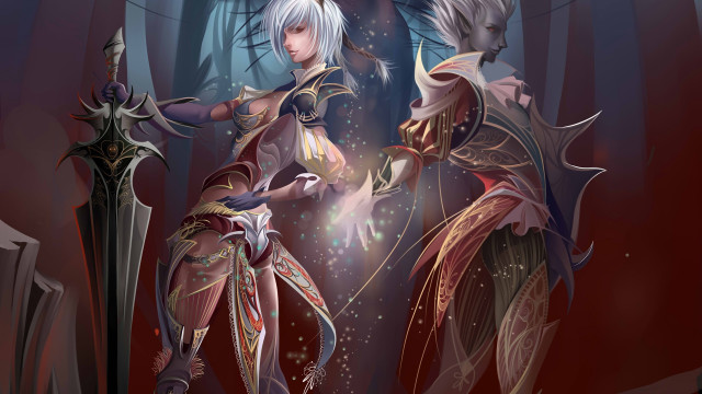 Forest fantasy swords women glowing free wallpaper for desktop - medium preview image