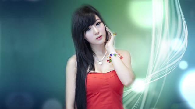 Woman red dress phone necklace free wallpaper for desktop - medium preview image