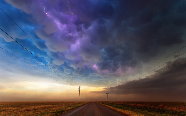 Road clouds lightning field trees free wallpaper for desktop - medium preview image