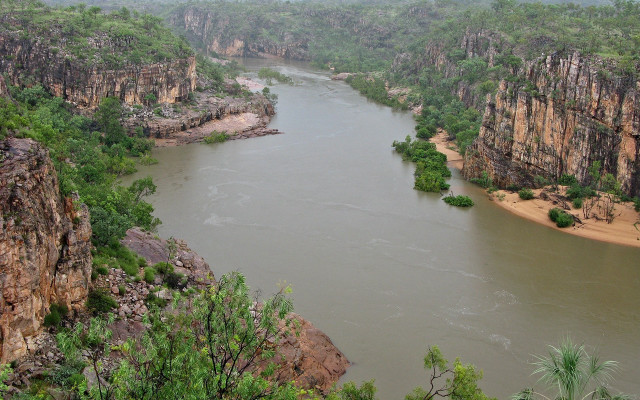 River forest trees rocks sky free wallpaper for desktop - medium preview image