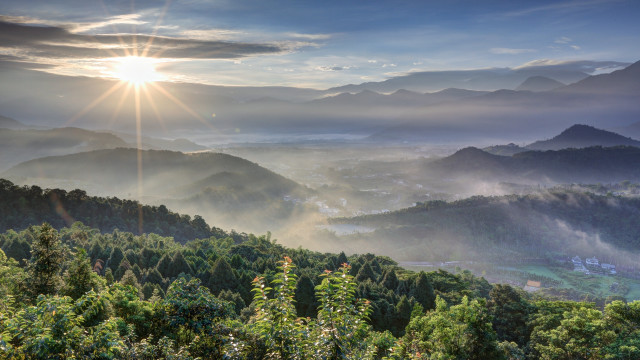 Mountain range sunshine clouds forests free wallpaper for desktop - medium preview image