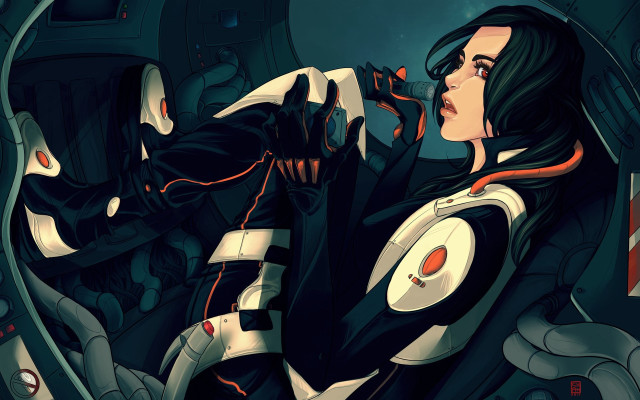 Futuristic woman cyberpunk space station free wallpaper for desktop - medium preview image