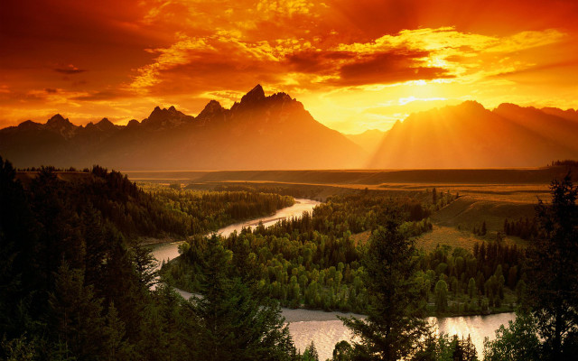 River forest mountains sunset rays free wallpaper for desktop - medium preview image