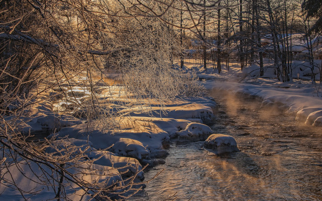 Snowy forest stream urban sky free wallpaper for desktop - medium preview image
