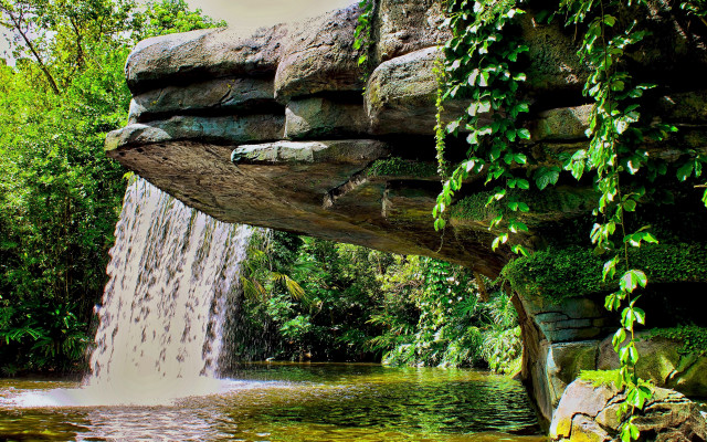 Waterfall pond greenery rocks ledge free wallpaper for desktop - medium preview image