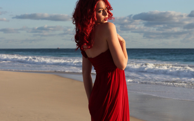 Woman red dress beach ocean #2 free wallpaper for desktop - medium preview image