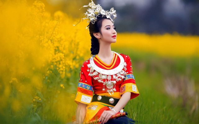 Woman red yellow dress flower free wallpaper for desktop - medium preview image