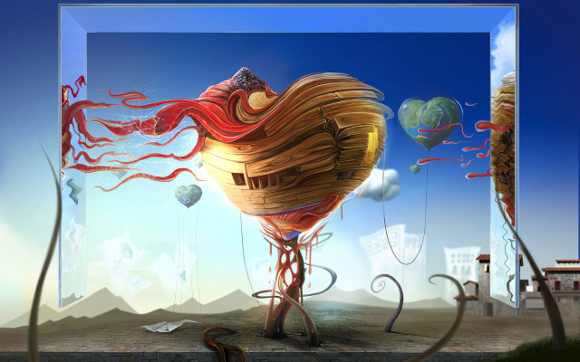 Surreal wooden structure red ribbon free wallpaper for desktop - medium preview image