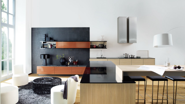 Modern kitchen black counter wooden free wallpaper for desktop - medium preview image