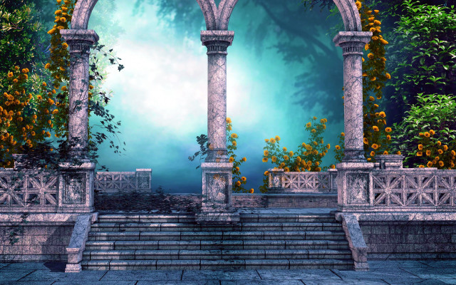 Steps forest orange flowers arch free wallpaper for desktop - medium preview image