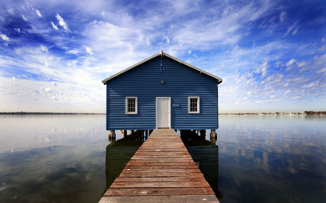 Blue house dock water mountain free wallpaper for desktop - medium preview image