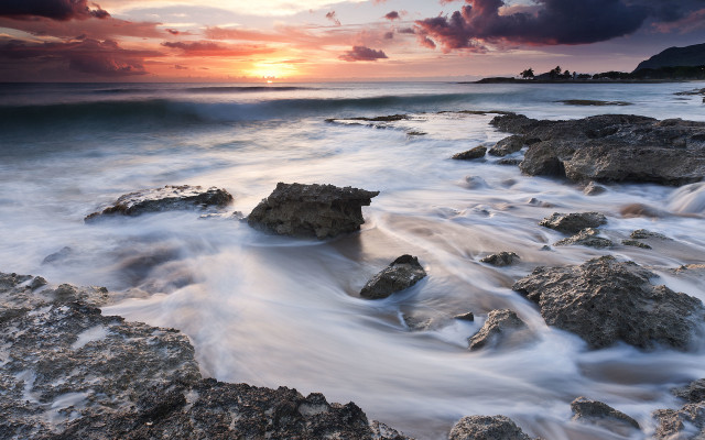 Rocky beach waves sunset clouds #2 free wallpaper for desktop - medium preview image