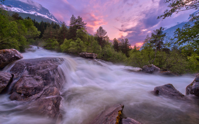 River waterfall rocks trees sunset free wallpaper for desktop - medium preview image