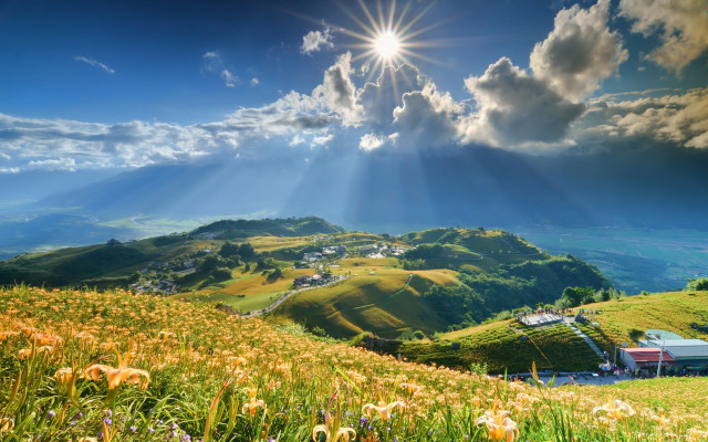 Valley sunbeam house mountain sky free wallpaper for desktop - medium preview image