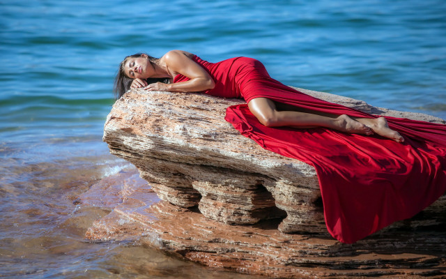 Woman red dress rock water free wallpaper for desktop - medium preview image