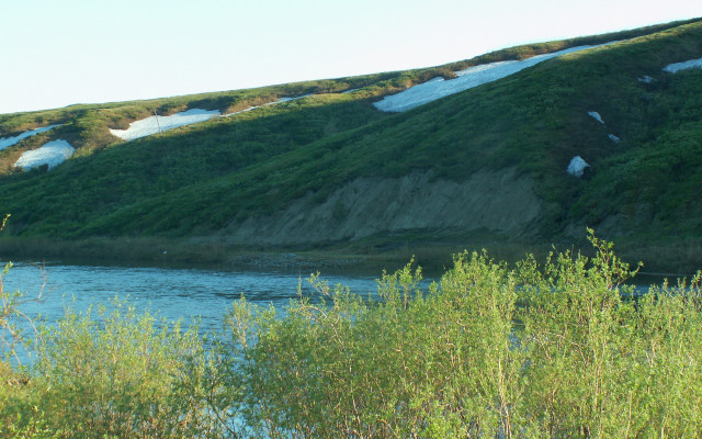 Snowy hillside river ecological matte free wallpaper for desktop - medium preview image