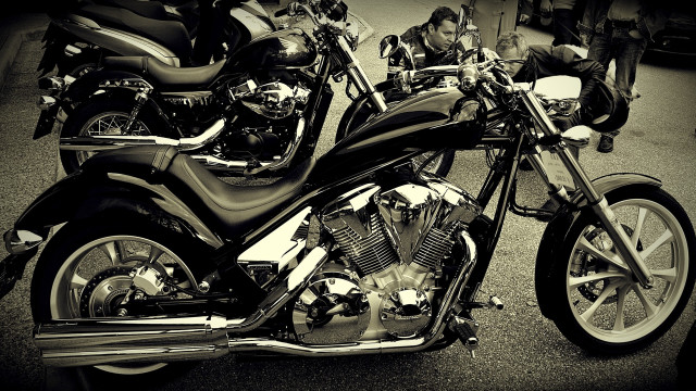Black white motorcycle street people free wallpaper for desktop - medium preview image