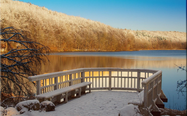 Snow bridge lake mountain forests free wallpaper for desktop - medium preview image