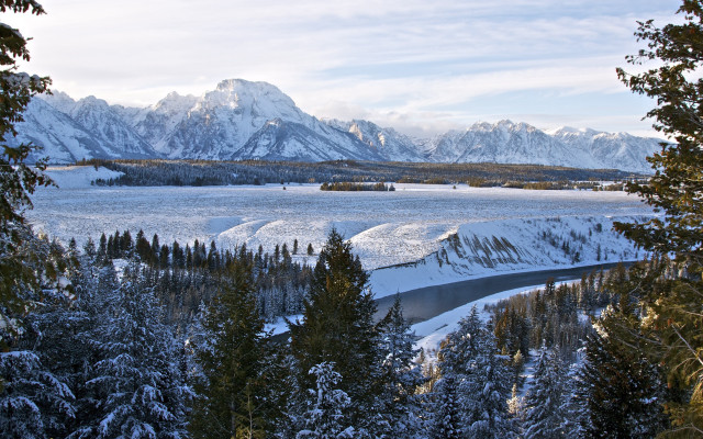 Snowy mountain range river forests free wallpaper for desktop - medium preview image