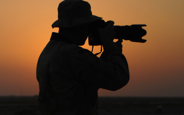 Man camera sunset silhouette orange free wallpaper for desktop - medium preview image