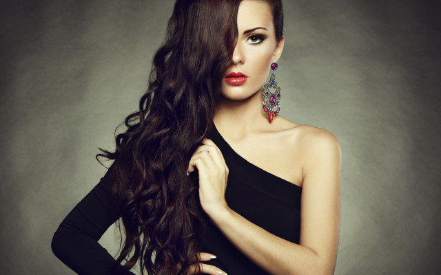 Woman blackdress longhair earing portrait free wallpaper for desktop - medium preview image